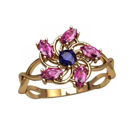 Flower-shaped ring with stones and weaving