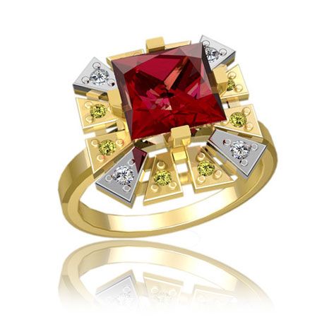 кольцо Quest в двух цветах золота с красным камнем в центре