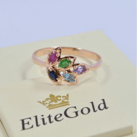 кольцо лепесток с камнями и в красном золоте