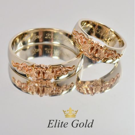 обручальные кольца корона с узорами в красном и белом золоте