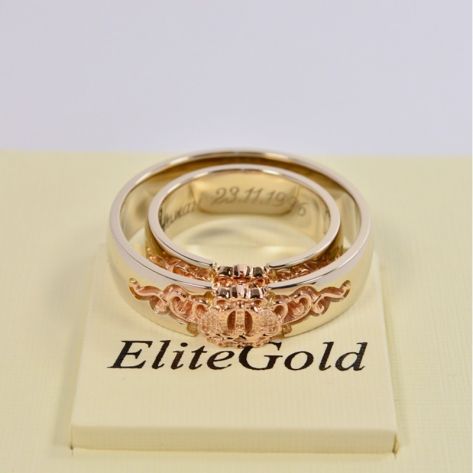 обручальные кольца корона с узорами в красном и белом золоте