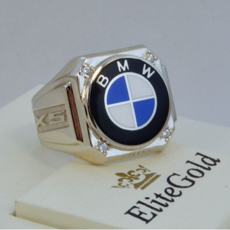 кольцо bmw x5 с эмалью и камнями  в белом золоте