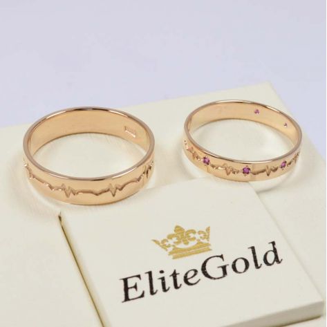 кольца Пульс в красном золоте с рубинами