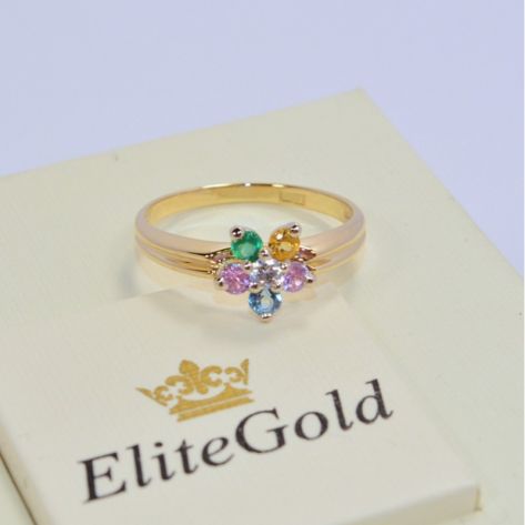 женское кольцо в форме цветка с разноцветными камнями