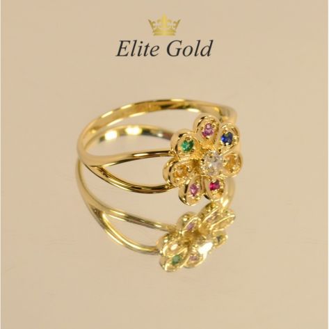 кольцо в видео ромашки с разноцветными камнями в лимонном золоте