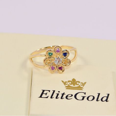 кольцо в видео ромашки с разноцветными камнями в лимонном золоте