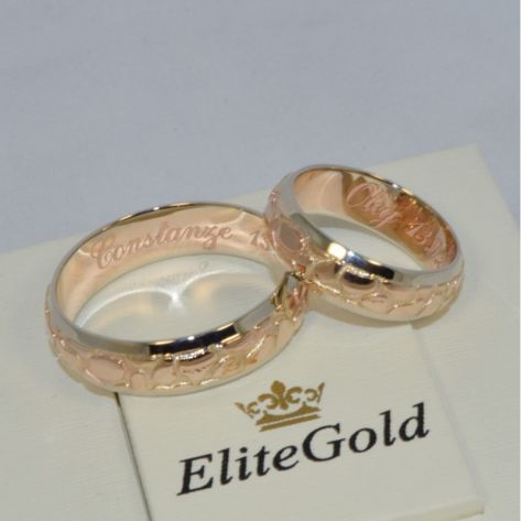 авторские обручальные кольца рельефные в красном и белом золоте