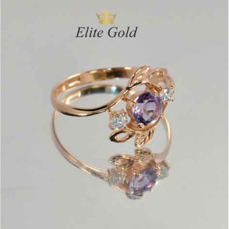 женское кольцо веточки в красном золоте с аметистом и белыми фианитами