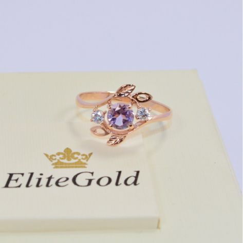 женское кольцо веточки в красном золоте с аметистом и белыми фианитами