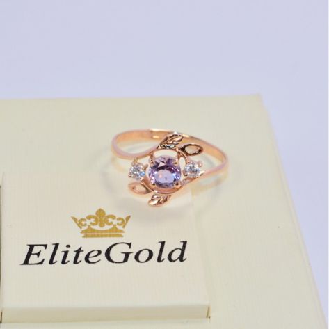 женское кольцо веточки в красном золоте с аметистом и белыми фианитами