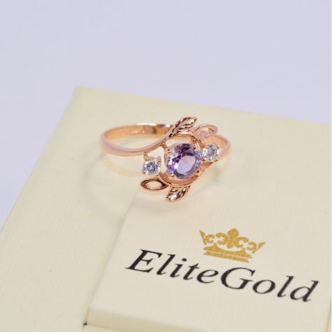 женское кольцо веточки в красном золоте с аметистом и белыми фианитами