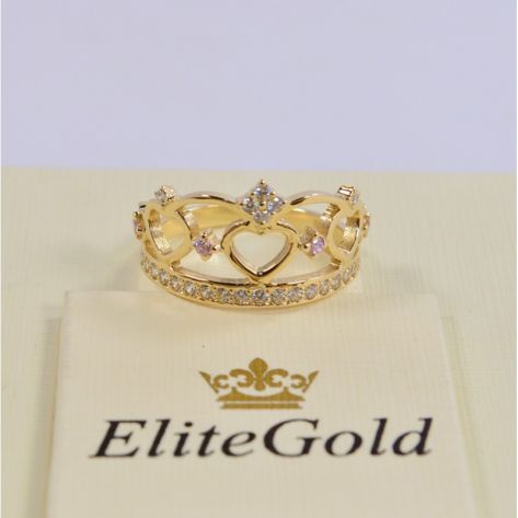 кольцо корона в лимонном золоте с белыми камнями