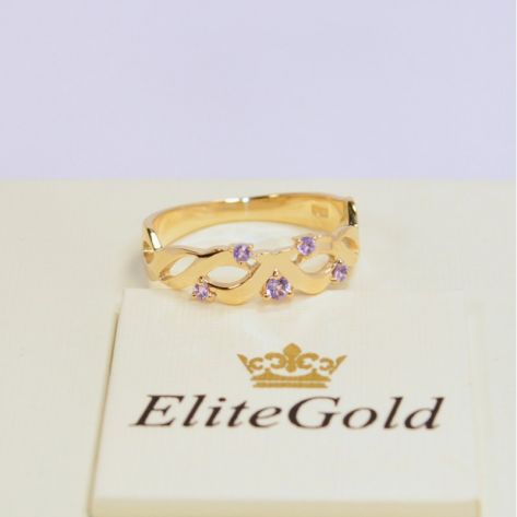 кольцо женское с переплетением в лимонном золоте с аметистами