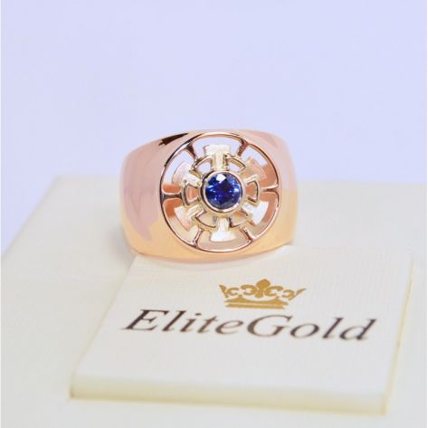 мужская печатка с одним камнем в красном золоте и синим камнем