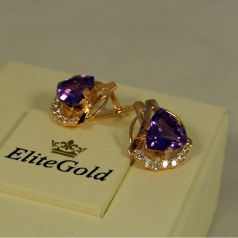 женские серьги с большими камнями аметистами в красном золоте