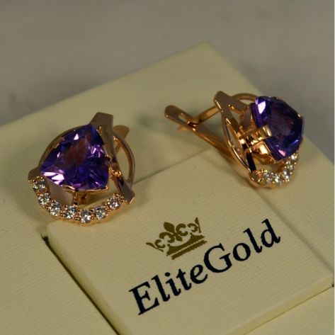 женские серьги с большими камнями аметистами в красном золоте