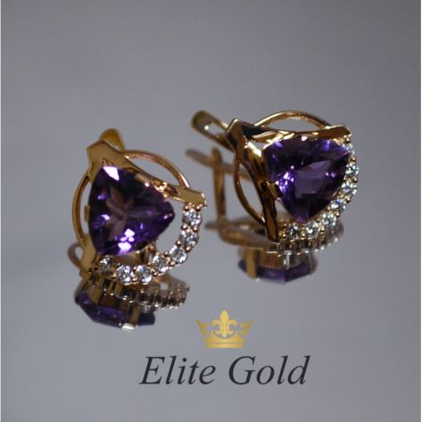 женские серьги с большими камнями аметистами в красном золоте