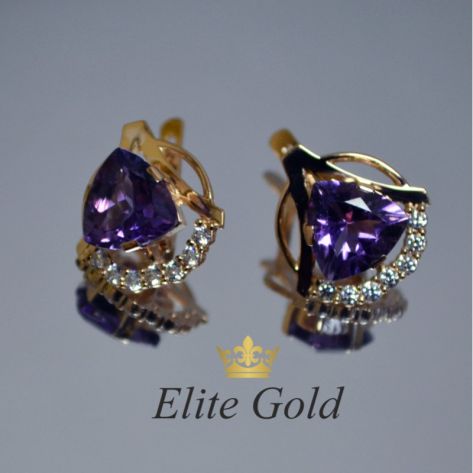 женские серьги с большими камнями аметистами в красном золоте