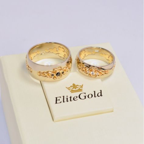 обручальные авторские кольца с камнями фантазийные белое и красное золото с черными и белыми камнями