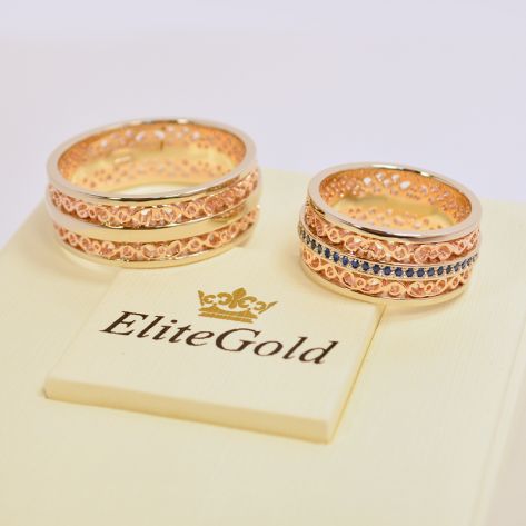 обручальные узорные кольца в красном и белом золоте мужское без камней