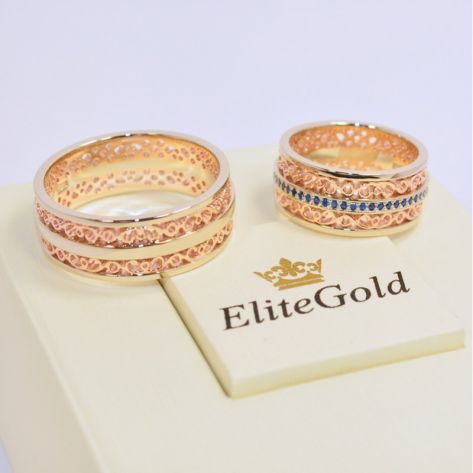 обручальные узорные кольца в красном и белом золоте мужское без камней