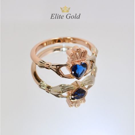 кладдахское кольцо с камнем сердце в красном и белом золоте с синим фианитом