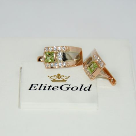 серьги с хризолитами и белыми фианитами, красное и белое золото