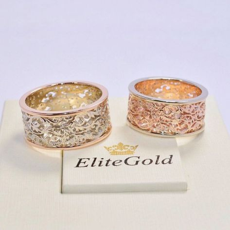 ажурные кольца в красном и белом золоте