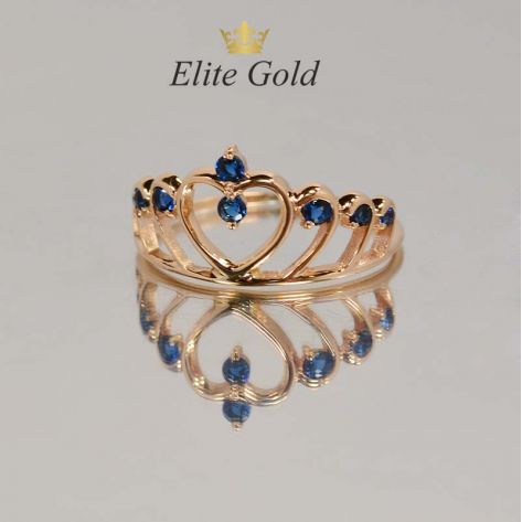кольцо корона с синими камнями в красном золоте