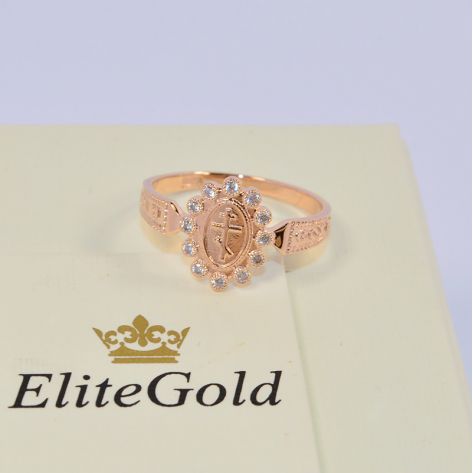 кольцо Спаси и Сохрани в красном золоте с белыми камнями