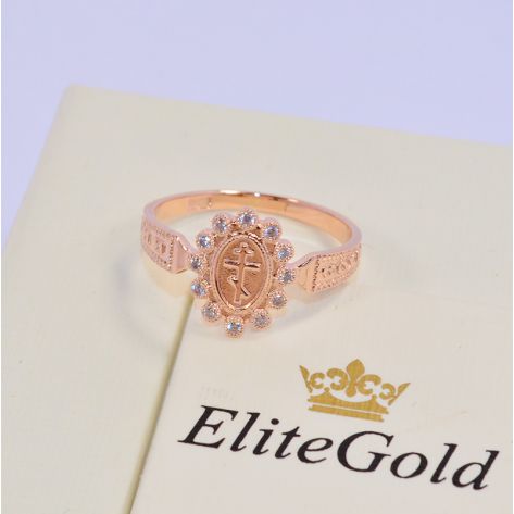 кольцо Спаси и Сохрани в красном золоте с белыми камнями