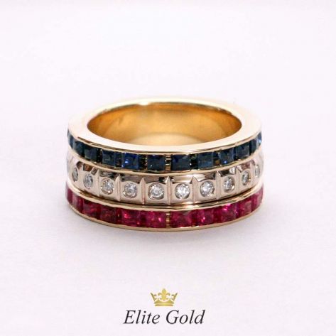 женское кольцо в красном золоте с тремя рядами камней