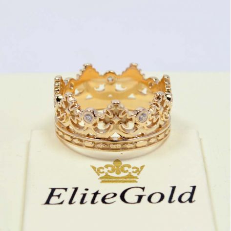 кольцо корона в лимонном золоте с белыми камнями