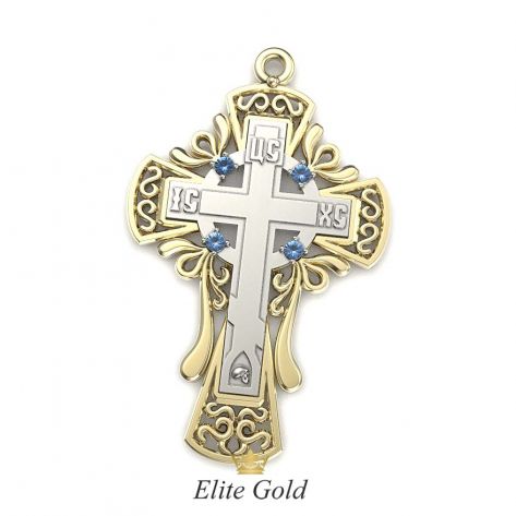 крест Contour в лимонном и белом золоте с темно-голубыми камнями