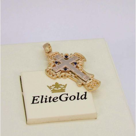 крест Contour в лимонном и белом золоте с темно-синими камнями