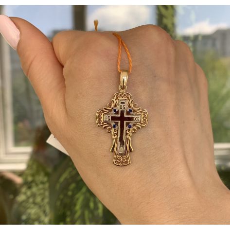 крест Contour в лимонном и белом золоте с темно-синими камнями