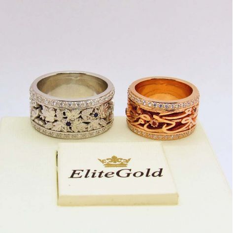 Авторские обручальные кольца "Виноградная лоза" с эмалью, узорами и арабскими буквами