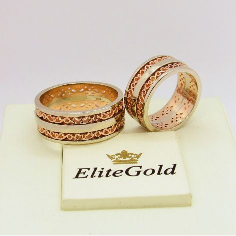 обручальные узорные кольца в красном и белом золоте без камней