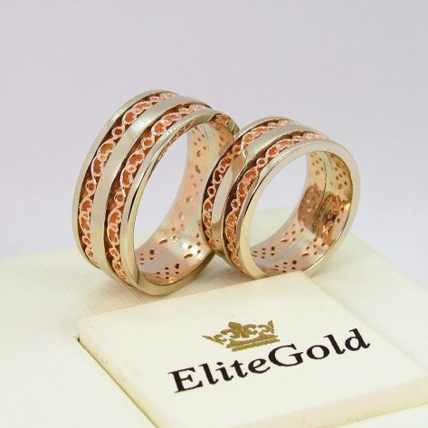 обручальные узорные кольца в красном и белом золоте без камней