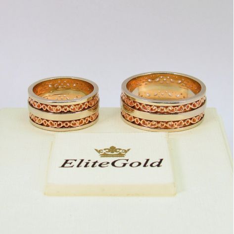 обручальные узорные кольца в красном и белом золоте без камней