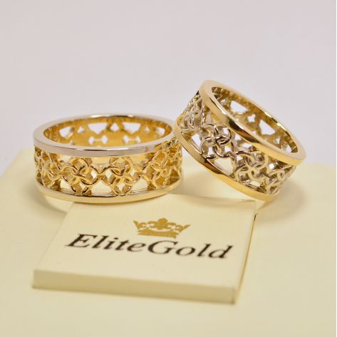 Авторские обручальные кольца "Оберег" красное и белое золото