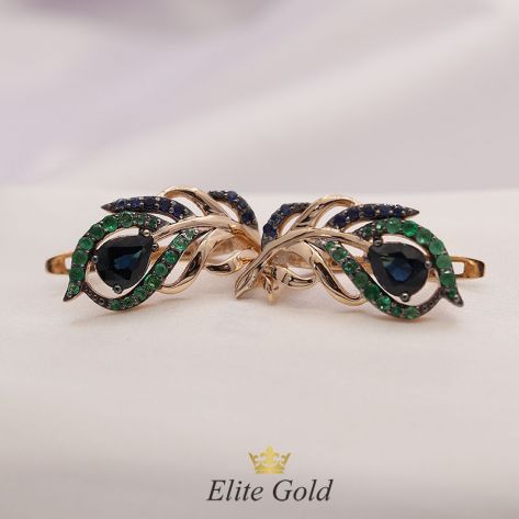 золотые серьги Feather of Love в виде перышек с камнями