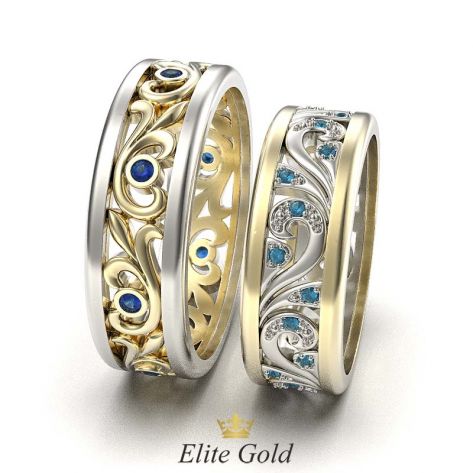 кольца Fiore в лимонном и белом золоте с цветными камнями - вид сбоку