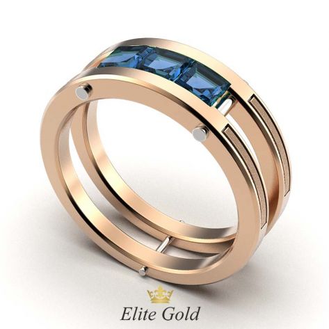 кольцо Ambassador с синими камнями в красном золоте с белыми перемычками