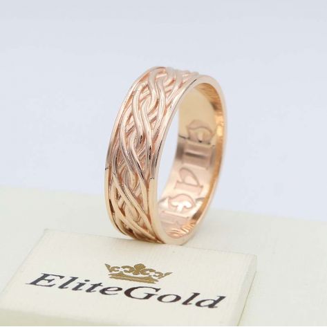 кольцо с надписью спаси и сохрани в красном золоте 585, с рельефным рисунком