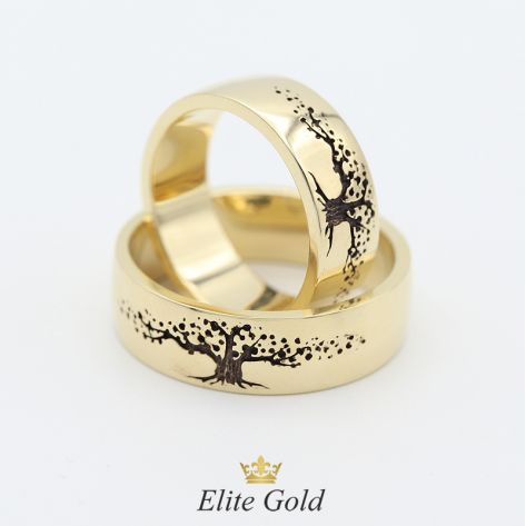 Кольца Дерево Жизни в лимонном золоте с черным родием