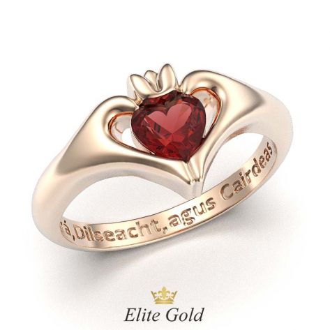 кольцо Keira с красным камнем в красном золоте с гравировкой
