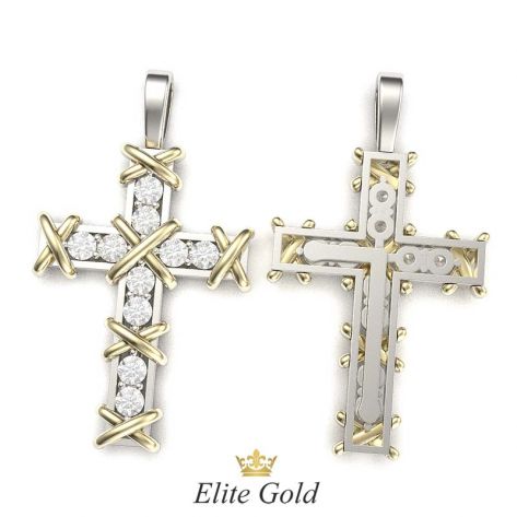 крест Ten Stones в белом и лимонном золоте, вид сзади и спереди