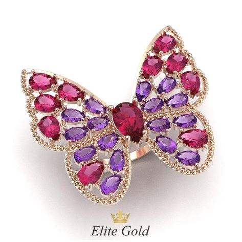 кольцо-бабочка с разноцветными камнями