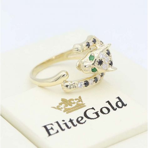 кольцо Пантера с изумрудами и фианитами в лимонном золоте 585